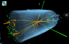 Darstellung einer mit dem CMS-Detektor aufgezeichneten Proton-Proton-Kollision, die indirekte Hinweise auf die Existenz eines neuen Bosons liefert. Physiker gehen davon aus, dass bei diesem Ereignis ein Boson in zwei Photonen (grüne Linien) zerfallen ist. (Bild: Cern)