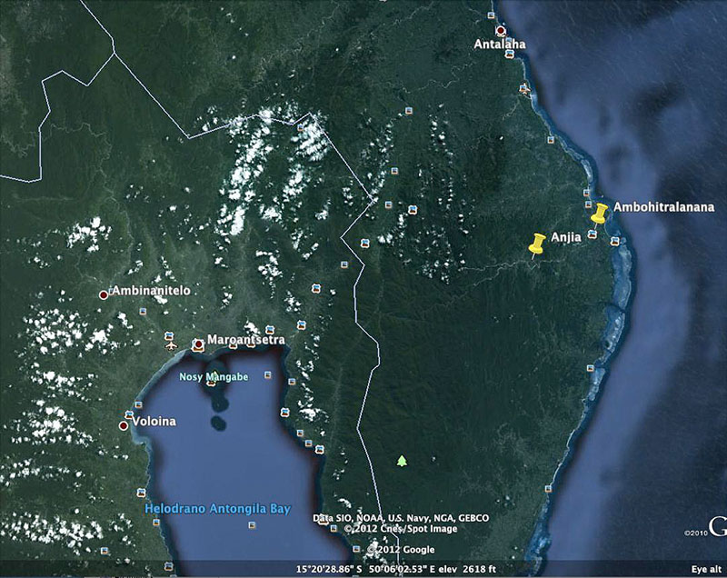Der Kartenausschnitt zeigt die Masoala-Halbinseln im Nordosten Madagaskars und die Orte, die Sonja Hassold auf ihrer Forschungsreise besuchte (vgl. Text).