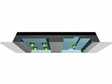 Das schematische Bild zeigt das «Glassandwich» mit einer glatten und einer mit Vertiefungen gravierten Glasscheibe. Zwischen den beiden Glasscheiben werden die Partikel durch ein elektrostatisches Feld in der Schwebe gehalten und über längere Zeit an Ort und Stelle fixiert. (Bild: Madhavi Krishnan / ETH Zürich)