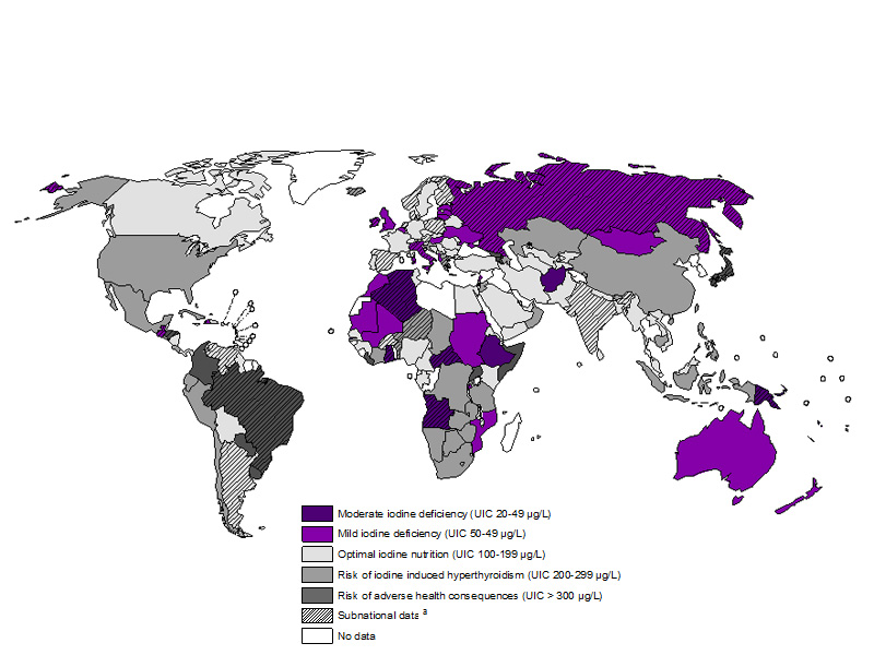 Weltkarte mit dem Iod-Status verschiedener Länder. (Grafik: Maria Andersson, Labor für Humanernährung / ETH Zürich)