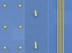 Using the new method, researchers can print dots, small towers, lines and other structures at the nanoscale (SEM images: Patrick Galliker / ETH Zurich)