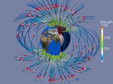 Das Magnetfeld der Erde wird in ihrem flüssigen Kern aus Eisen erzeugt. Die Illustration zeigt das Resultat einer dreidimensionalen Computersimulation. Zu sehen sind die magnetischen Feldlinien. Die stärksten Magnetfelder befinden sich nahe den Polen (gelb und rote Bereiche der Feldlinien). (Illustration: Jean Favre / CSCS)