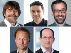ETH Zurich's five ERC Advanced Grantees. Top: Jérôme Faist, Petros Koumoutsakos, David J. Norris, Bottom: Lukas Novotny, Andreas Wallraff (from left). (Photos: ETH Zurich)
